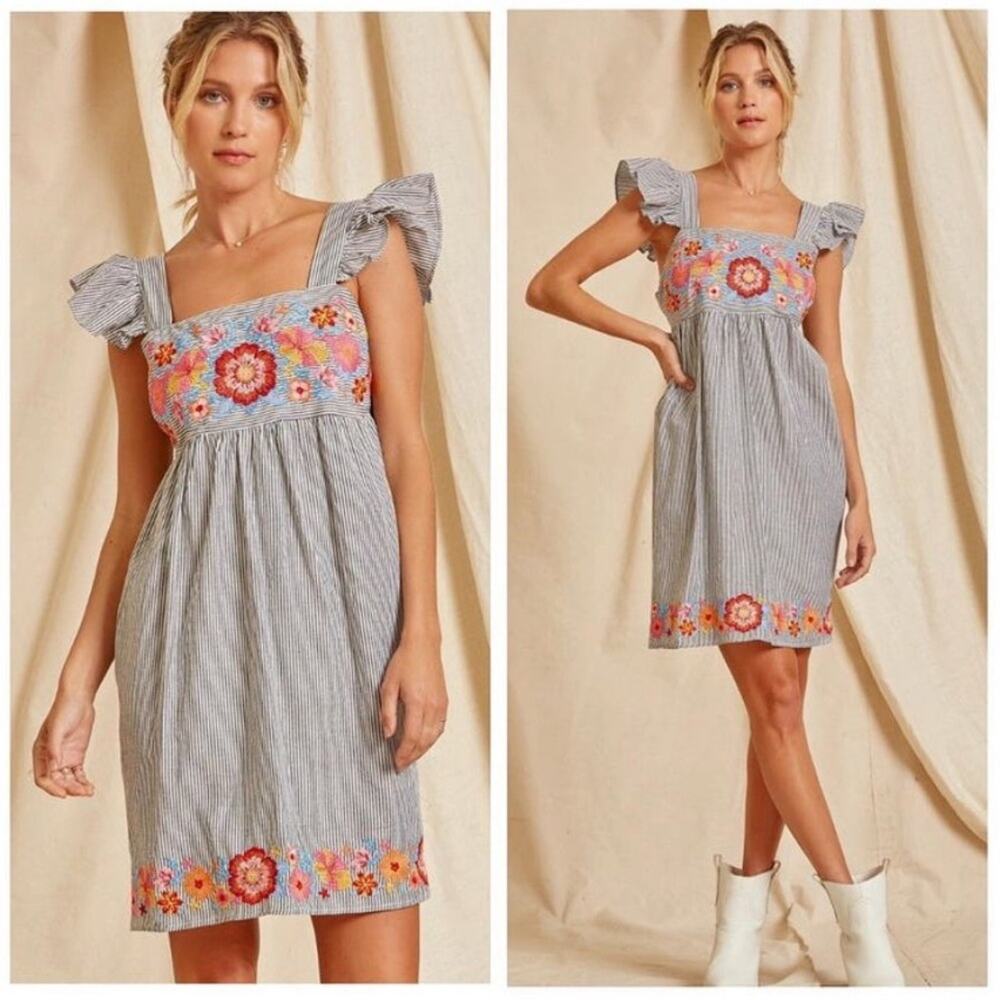 Savanna Jane Ruffle Tank Floral Embroidered Mini Dress - Size S